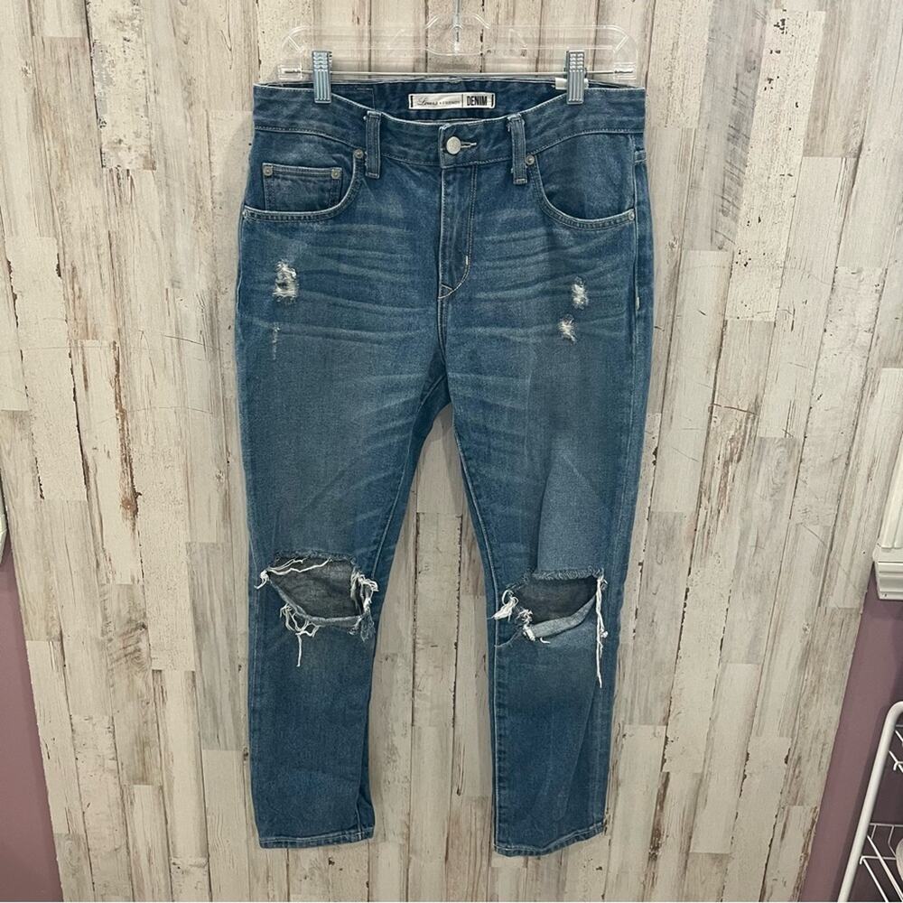 Lovers + Friends Denim Ezra Distressed Boyfriend Blue Denim Jeans 100% Cotton